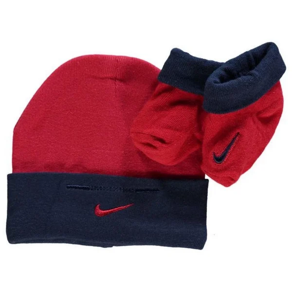 grossiste Sortie 🔥 Mode Bebe Nike Ensemble Vêtements Nike Bébé Bonnet Et Chaussons Marine Et Rouge ROUGE 💯 1